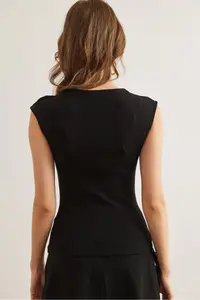 Olalook Women's Black Drop Decollete Shoulder Detailed Cotton Modal Blouse - Image 8