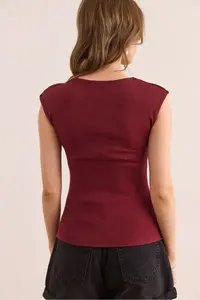 Olalook Women's Burgundy Drop Decollete Shoulder Detailed Cotton Modal Blouse - Image 2