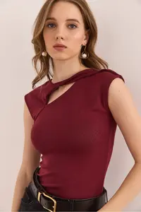 Olalook Women's Burgundy Drop Decollete Shoulder Detailed Cotton Modal Blouse - Image 4