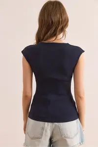 Olalook Women's Navy Blue Drop Decollete Shoulder Detailed Cotton Modal Blouse - Image 2