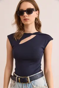 Olalook Women's Navy Blue Drop Decollete Shoulder Detailed Cotton Modal Blouse - Image 3