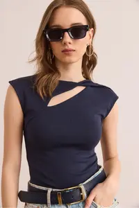Olalook Women's Navy Blue Drop Decollete Shoulder Detailed Cotton Modal Blouse - Image 4