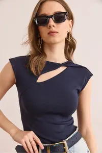 Olalook Women's Navy Blue Drop Decollete Shoulder Detailed Cotton Modal Blouse - Image 5
