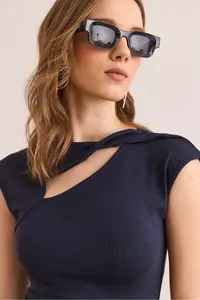 Olalook Women's Navy Blue Drop Decollete Shoulder Detailed Cotton Modal Blouse - Image 6