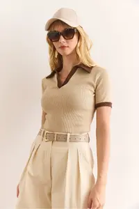 Olalook Women's Beige Bitter Brown Polo Neck Color Detailed Flexible Cotton Blouse - Image 6