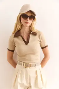 Olalook Women's Beige Bitter Brown Polo Neck Color Detailed Flexible Cotton Blouse - Image 7