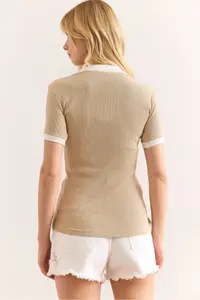 Olalook Women's Beige White Polo Neck Color Detailed Flexible Cotton Blouse - Image 2