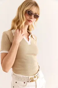 Olalook Women's Beige White Polo Neck Color Detailed Flexible Cotton Blouse - Image 4