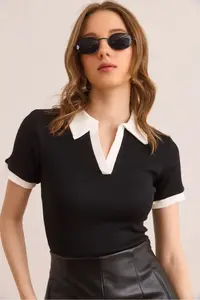 Olalook Women's Black and White Polo Collar Color Detailed Flexible Cotton Blouse