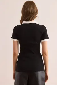 Olalook Women's Black and White Polo Collar Color Detailed Flexible Cotton Blouse - Image 2