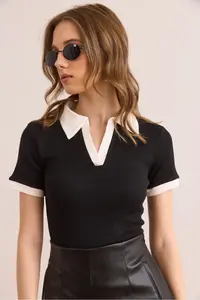 Olalook Women's Black and White Polo Collar Color Detailed Flexible Cotton Blouse - Image 3