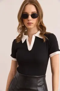 Olalook Women's Black and White Polo Collar Color Detailed Flexible Cotton Blouse - Image 4