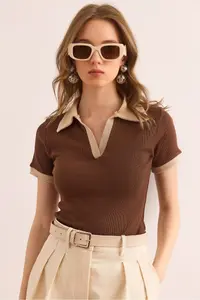 Olalook Women's Brown Beige Polo Neck Color Detailed Flexible Cotton Blouse