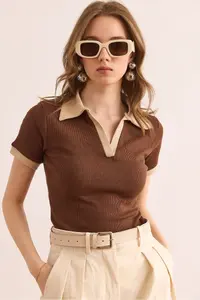 Olalook Women's Brown Beige Polo Neck Color Detailed Flexible Cotton Blouse - Image 3