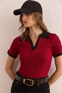 Olalook Women's Burgundy Black Polo Neck Color Detailed Flexible Cotton Blouse - Image 3