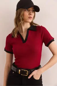 Olalook Women's Burgundy Black Polo Neck Color Detailed Flexible Cotton Blouse - Image 4