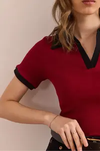 Olalook Women's Burgundy Black Polo Neck Color Detailed Flexible Cotton Blouse - Image 5
