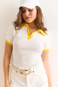 Olalook Women's Ecru Yellow Polo Neck Color Detailed Flexible Cotton Blouse - Image 3
