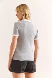 Olalook Women's Gray White Polo Neck Color Detailed Flexible Cotton Blouse - Image 2