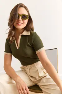 Olalook Women's Khaki Beige Polo Neck Color Detailed Flexible Cotton Blouse - Image 4