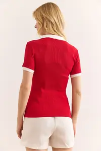Olalook Women's Red White Polo Neck Color Detailed Flexible Cotton Blouse - Image 2