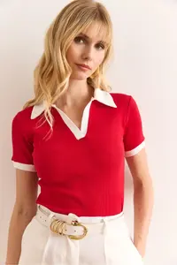 Olalook Women's Red White Polo Neck Color Detailed Flexible Cotton Blouse - Image 5