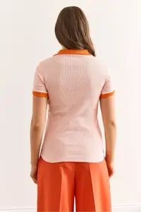 Olalook Women's Salmon Orange Polo Neck Color Detailed Flexible Cotton Blouse - Image 2