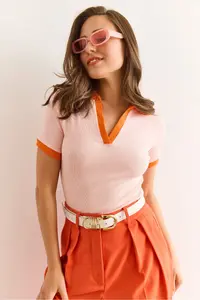 Olalook Women's Salmon Orange Polo Neck Color Detailed Flexible Cotton Blouse - Image 3