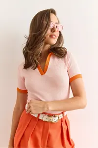 Olalook Women's Salmon Orange Polo Neck Color Detailed Flexible Cotton Blouse - Image 4