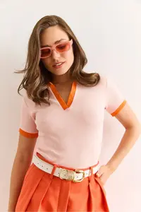 Olalook Women's Salmon Orange Polo Neck Color Detailed Flexible Cotton Blouse - Image 5