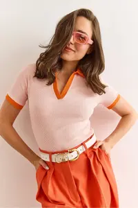 Olalook Women's Salmon Orange Polo Neck Color Detailed Flexible Cotton Blouse - Image 6
