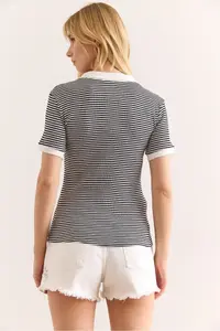 Olalook Women's Striped Black Polo Neck Color Detailed Flexible Cotton Blouse - Image 2