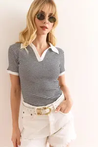 Olalook Women's Striped Black Polo Neck Color Detailed Flexible Cotton Blouse - Image 4