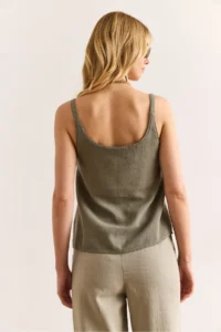 Olalook Women's Khaki Strap Accessory Washed Soil Linen Blouse - Image 2