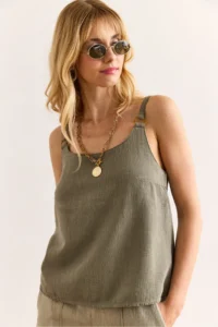 Olalook Women's Khaki Strap Accessory Washed Soil Linen Blouse - Image 3