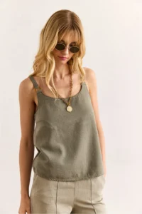 Olalook Women's Khaki Strap Accessory Washed Soil Linen Blouse - Image 4