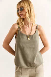 Olalook Women's Khaki Strap Accessory Washed Soil Linen Blouse - Image 5