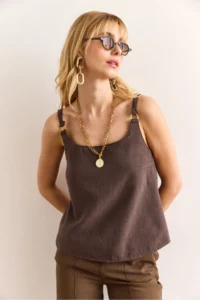 Olalook Women's Mink Strap Accessory Washed Soil Linen Blouse - Image 2