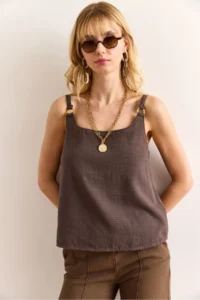 Olalook Women's Mink Strap Accessory Washed Soil Linen Blouse - Image 3