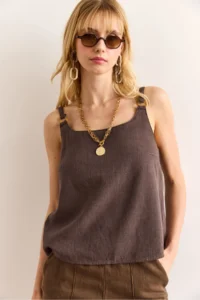 Olalook Women's Mink Strap Accessory Washed Soil Linen Blouse - Image 4