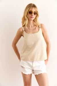 Olalook Women's Stone Strap Accessory Washed Soil Linen Blouse - Image 2