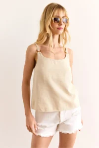 Olalook Women's Stone Strap Accessory Washed Soil Linen Blouse - Image 3