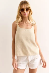 Olalook Women's Stone Strap Accessory Washed Soil Linen Blouse - Image 4