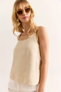 Olalook Women's Stone Strap Accessory Washed Soil Linen Blouse - Image 5
