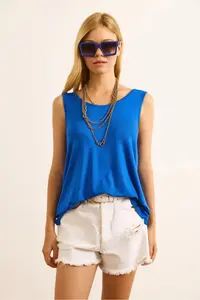 Olalook Women's Saks Blue Front Back U Strap Bell Viscose Blouse - Image 3