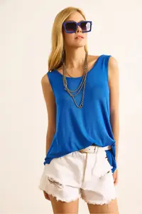 Olalook Women's Saks Blue Front Back U Strap Bell Viscose Blouse - Image 4