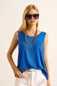 Olalook Women's Saks Blue Front Back U Strap Bell Viscose Blouse - Image 5