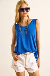 Olalook Women's Saks Blue Front Back U Strap Bell Viscose Blouse - Image 6