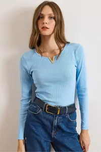 Olalook Women's Baby Blue Metal V Detailed Flexible Camisole Blouse
