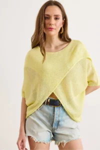 Olalook Women's Yellow Wrap Front Mercerized Knitwear Blouse